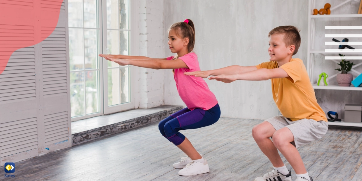 A boy and a girl doing jumping squats at home.