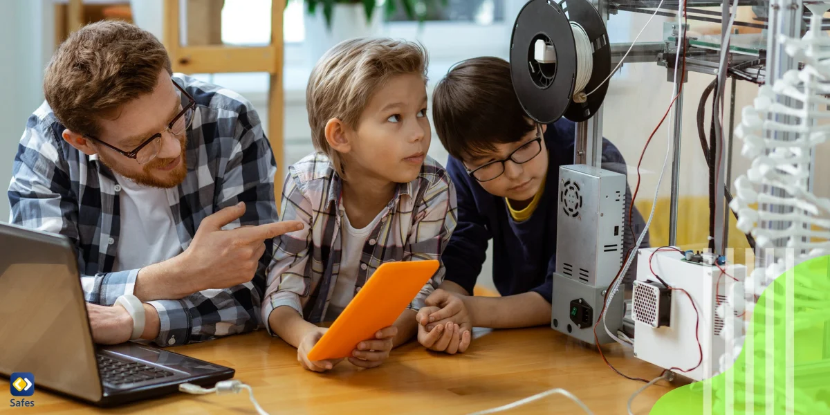 Father or teacher instructing kids on how to use a 3D print machine