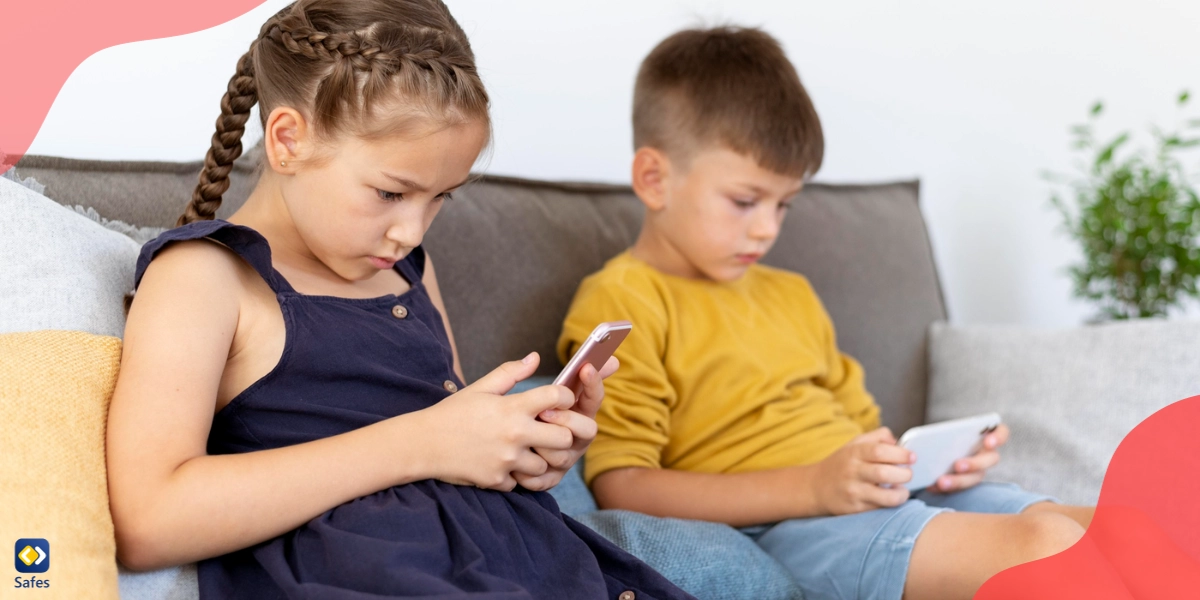 Two children sitting on a sofa using messaging apps for kids