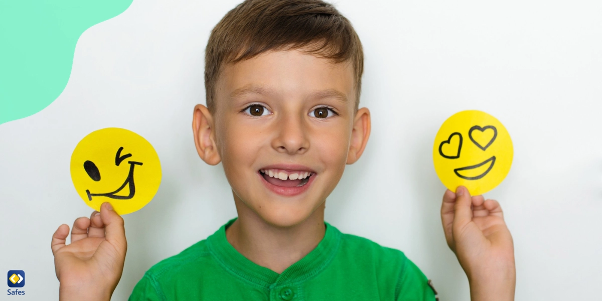 Boy shows different emotions using stickers