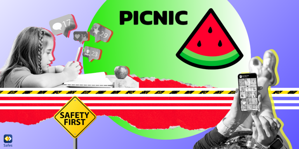 A collage depicting the theme of picnic app safety, featuring a variety of images such as it's logo.