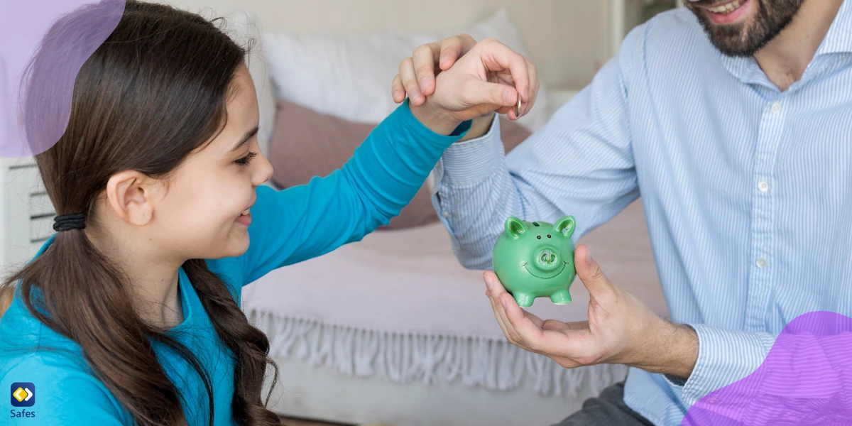 Father teaching his child financial literacy (Saving money in a piggy bank)