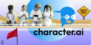 A collage depicting the theme of Character.ai safety, featuring a variety of images such as a red flag.
