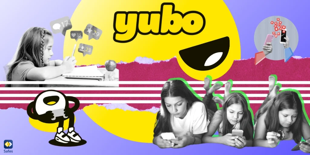 A collage depicting the theme of Yubo app safety, featuring a variety of images such as its logo.