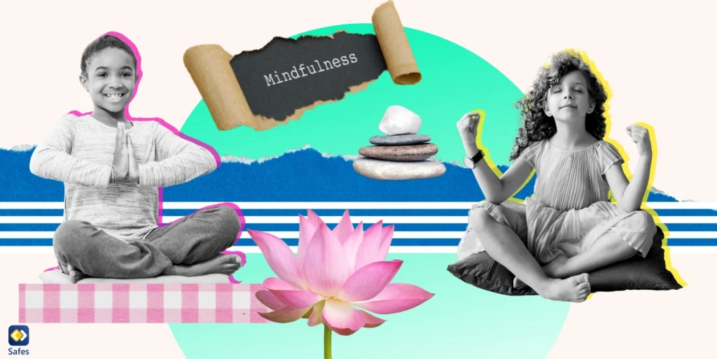 A collage depicting the theme of mindfulness in children, featuring a variety of images such as kids meditating.