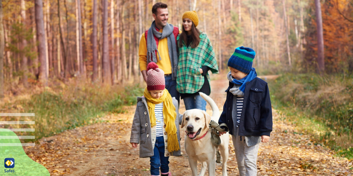 a family going for family nature walks as a way to reduce nature deficit disorder symptoms in their kids