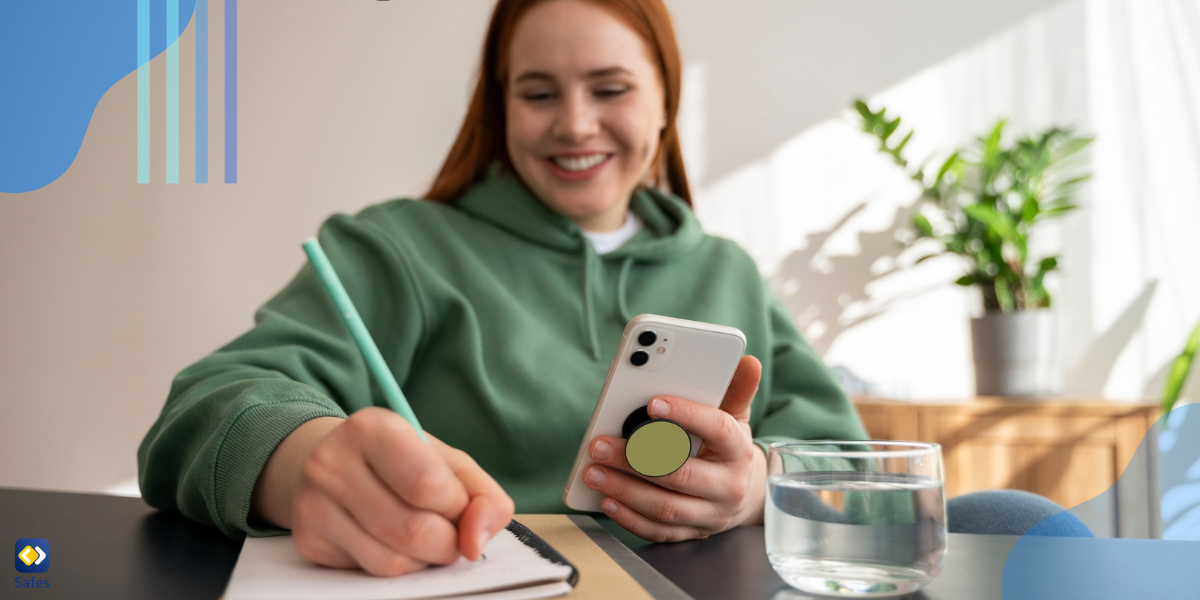 a girl with her phone in hand, practicing and studying for SAT using a mobile app