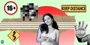 A collage depicting the theme of porn addiction in teens, featuring a variety of images such as +16 sign.
