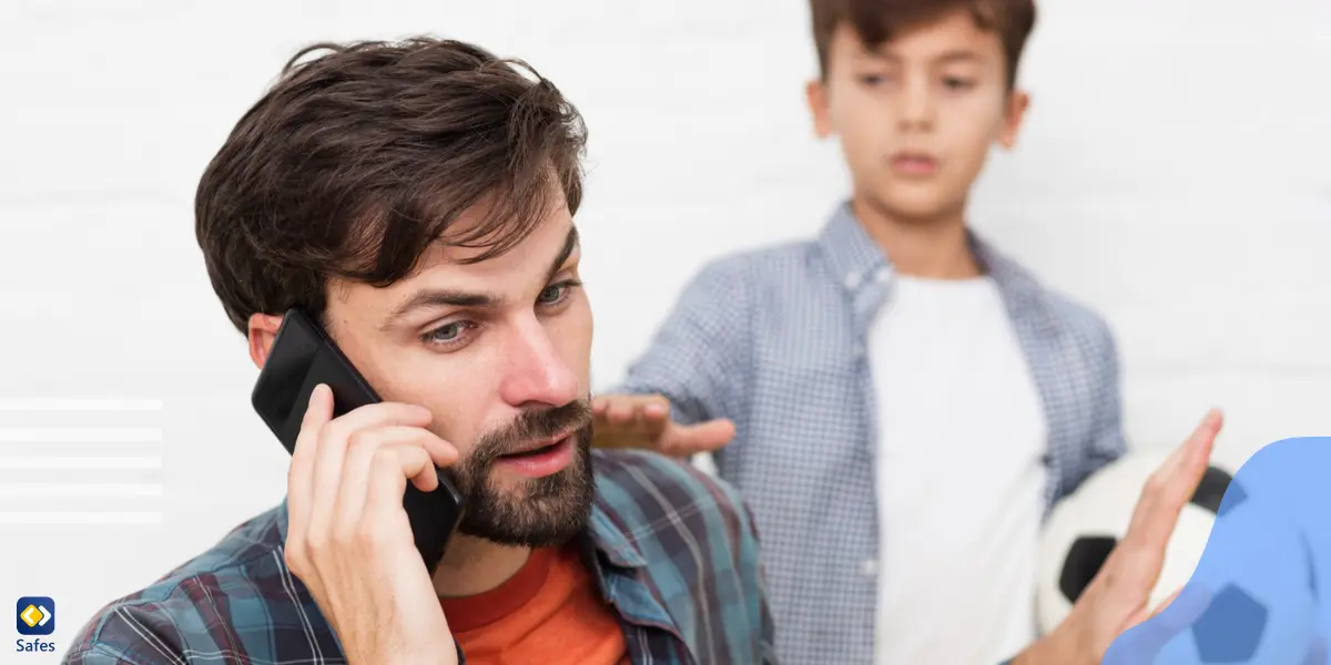 ein Vater ist damit beschäftigt, am Telefon zu telefonieren und ignoriert den Anruf seines Sohnes, als Grund für eine Entfremdung in der Zukunft
