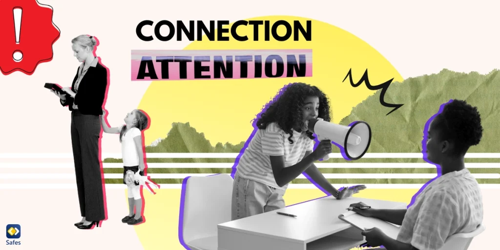 A collage depicting the theme of Attention-Seeking Vs Connection-Seeking, featuring a variety of images such as a child seeking attention from their guardian.