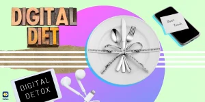 A collage depicting the theme of digital diet, featuring a variety of images such as a plate and spoons.