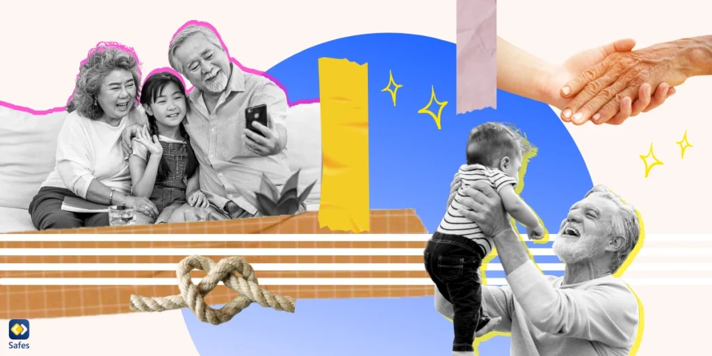 A collage depicting the theme of grandparents and grandchilds, featuring a variety of images such as a grandparent playing with his grandchild.
