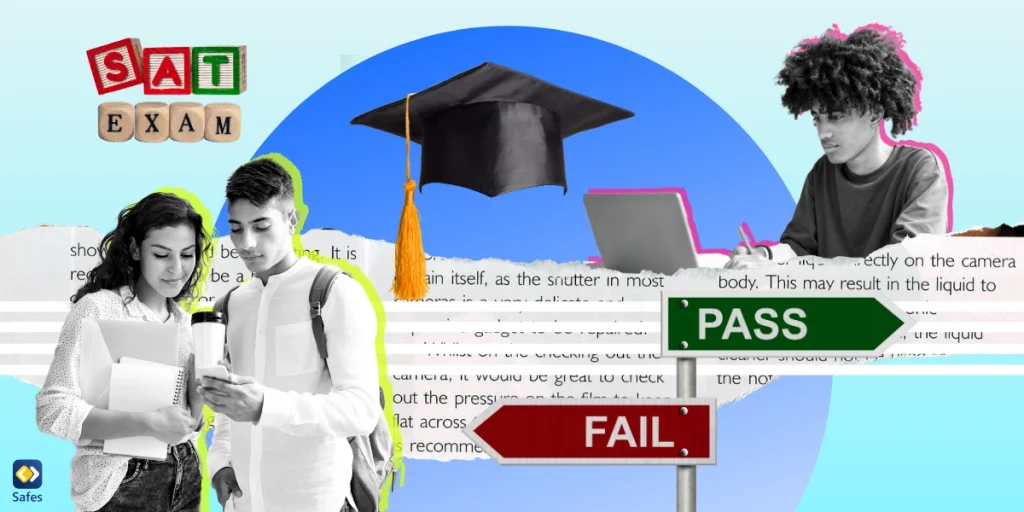 A collage depicting the theme of SAT exam study, featuring a variety of images such as a sign with pass or fail written on it.