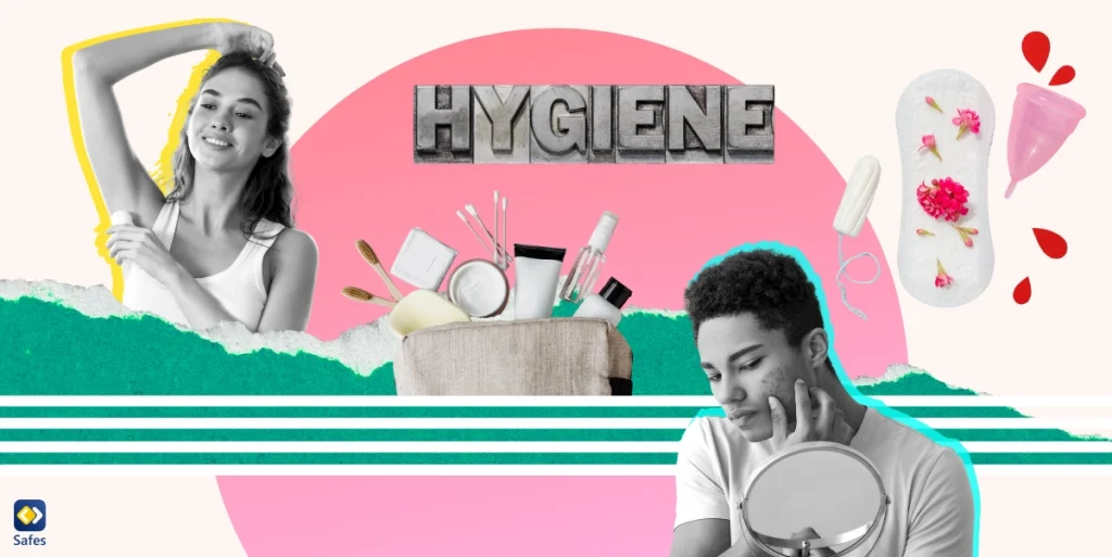 A collage depicting the theme of teen hygiene, featuring a variety of images such as .