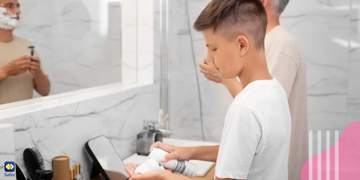 a teen boy learning about hygiene and how to shave from his father while he is shaving his face in front of a mirror