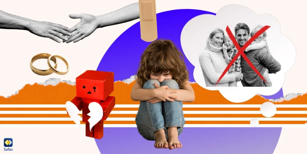 A collage depicting the theme of effects of remarriage on a child, featuring a variety of images such as a mending broken heart.
