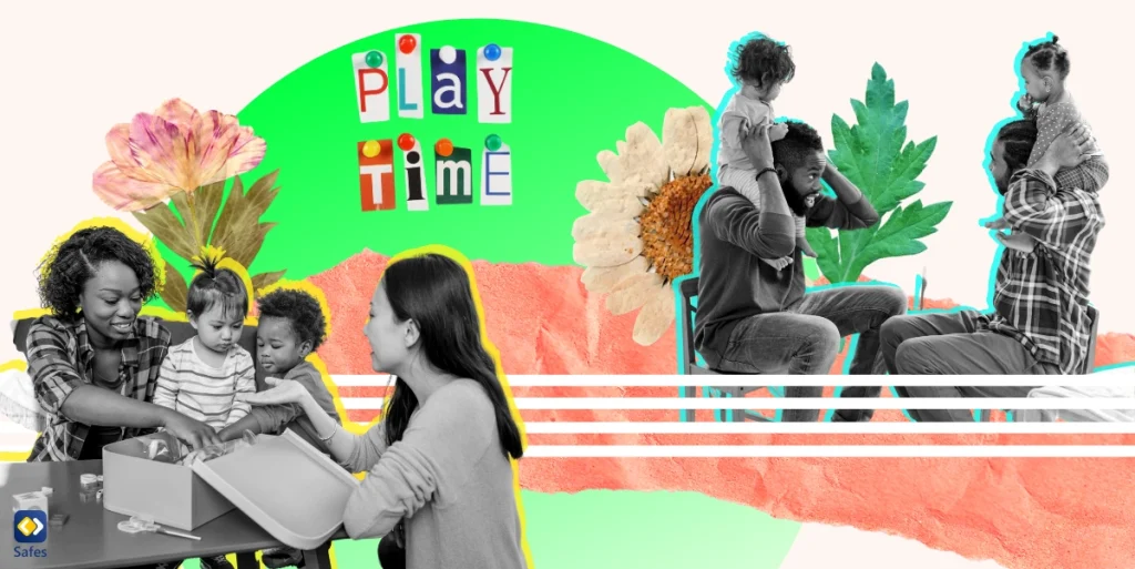 A collage depicting the theme of kids playdate, featuring a variety of images such as kids and parents playing together.