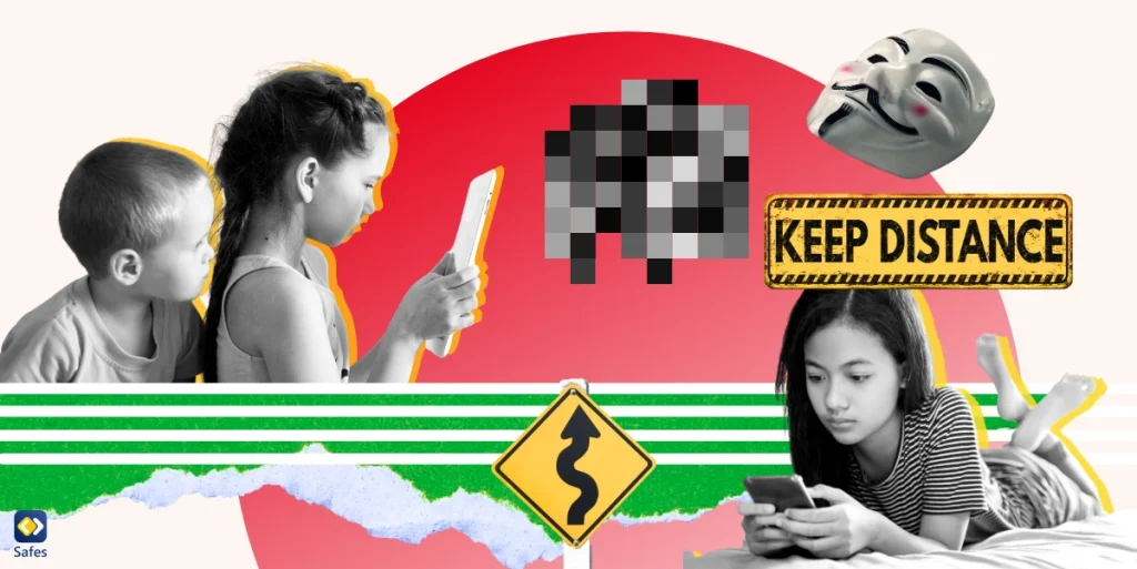 A collage depicting the theme of deepfake porn danger for kids, featuring a variety of images such as kids using their phone to watch inappropriate content.