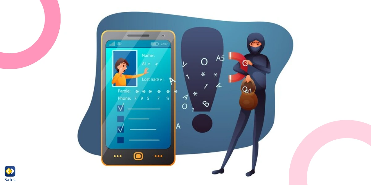 a hacker holding a magnet stealing personal information through a mobile phone