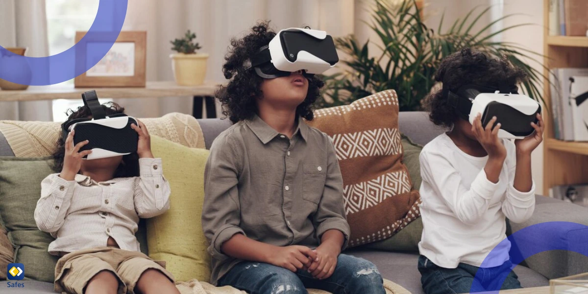 Three kids using VR headsets, sitting on a sofa.