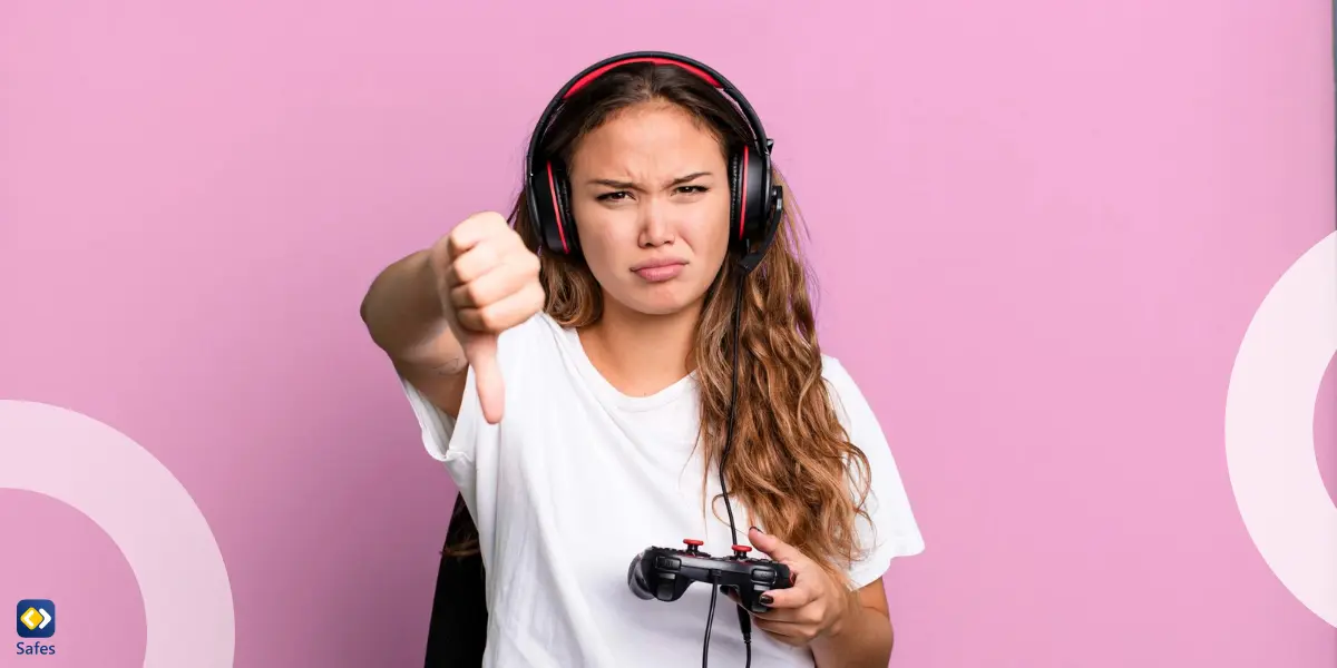 girl gaming with headset showing thumbsdown